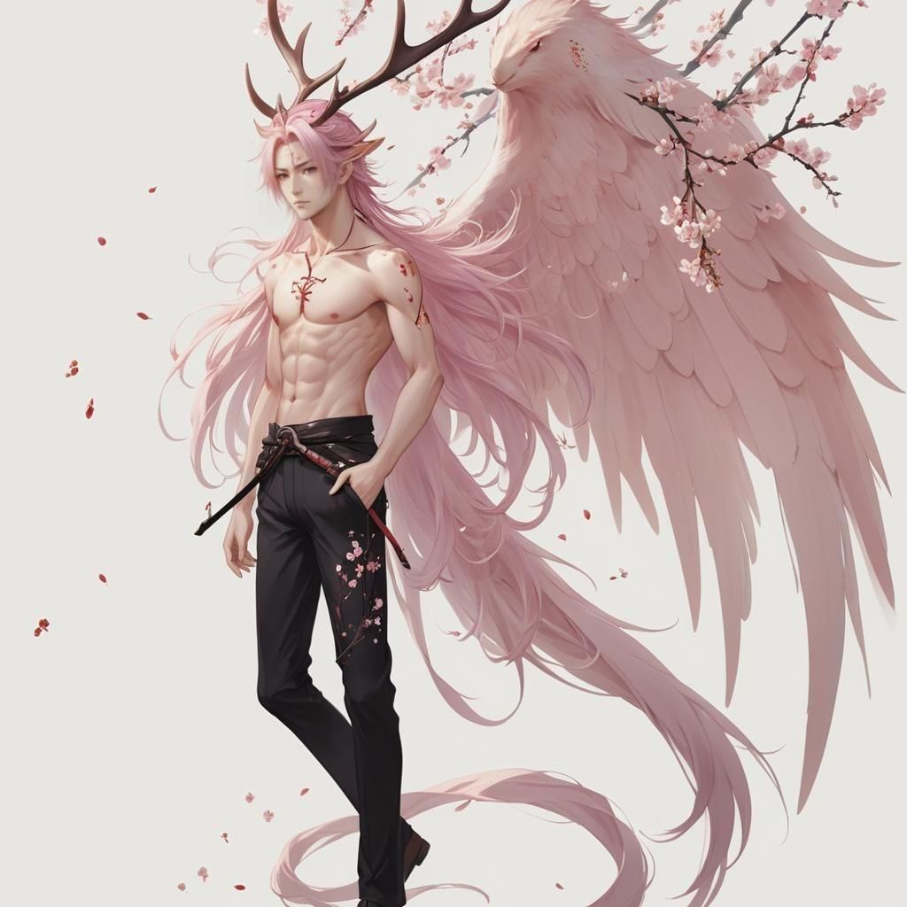 Anime Character with Plum Blossoms and Antlers