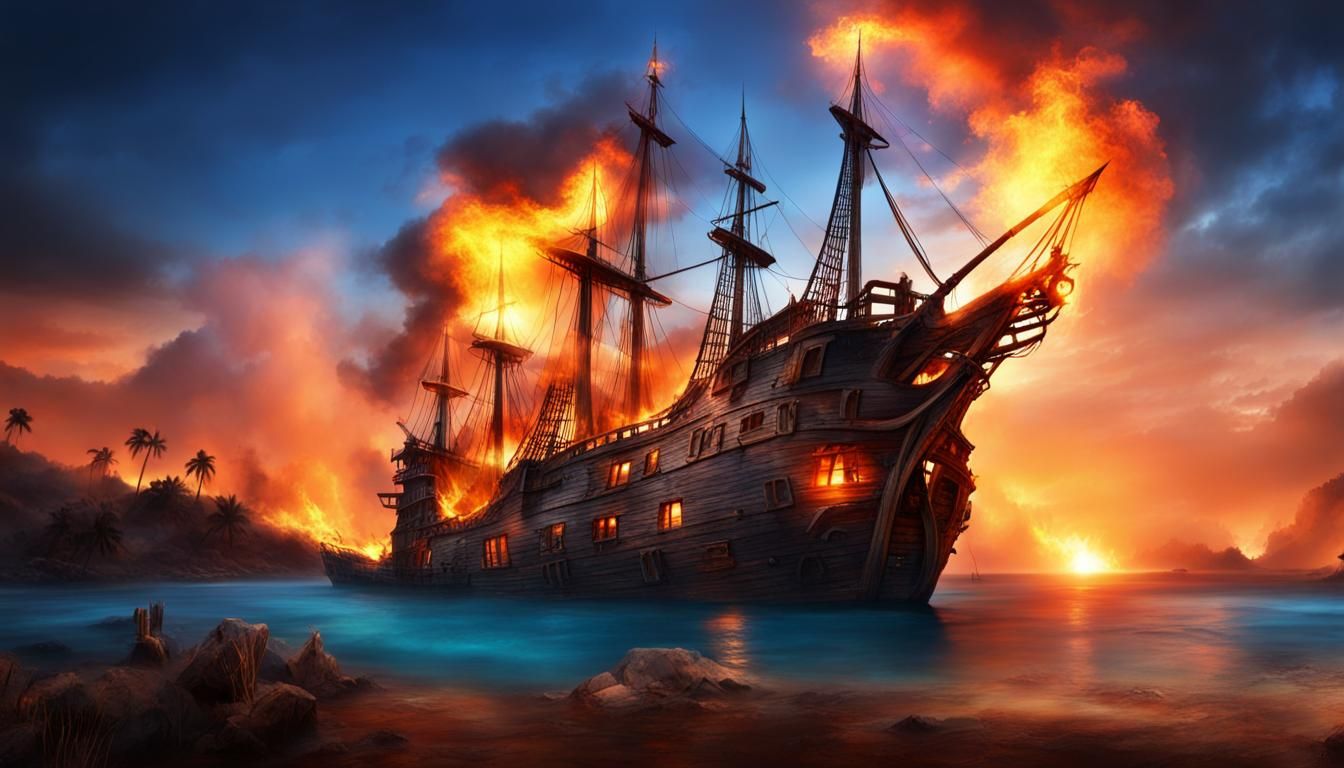 Fiery Pirate Ship in a Magical Landscape