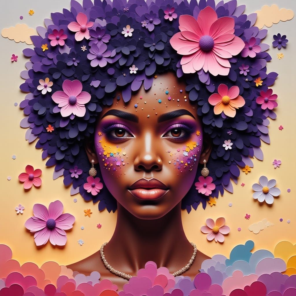<lora:Paper Mosaic:1.0> <lora:TexturedFlux:1.0> Beautiful black woman with vibrant purple and pink hair adorned with col...