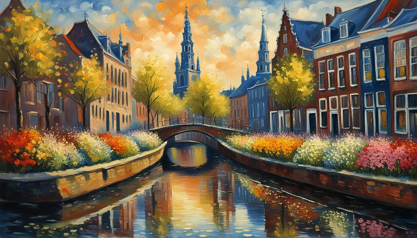 Delft Canals in Springtime: Impressionistic Oil Painting