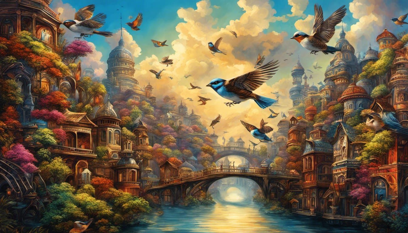 Dreamy Cloud City with Sparrows: Digital Art