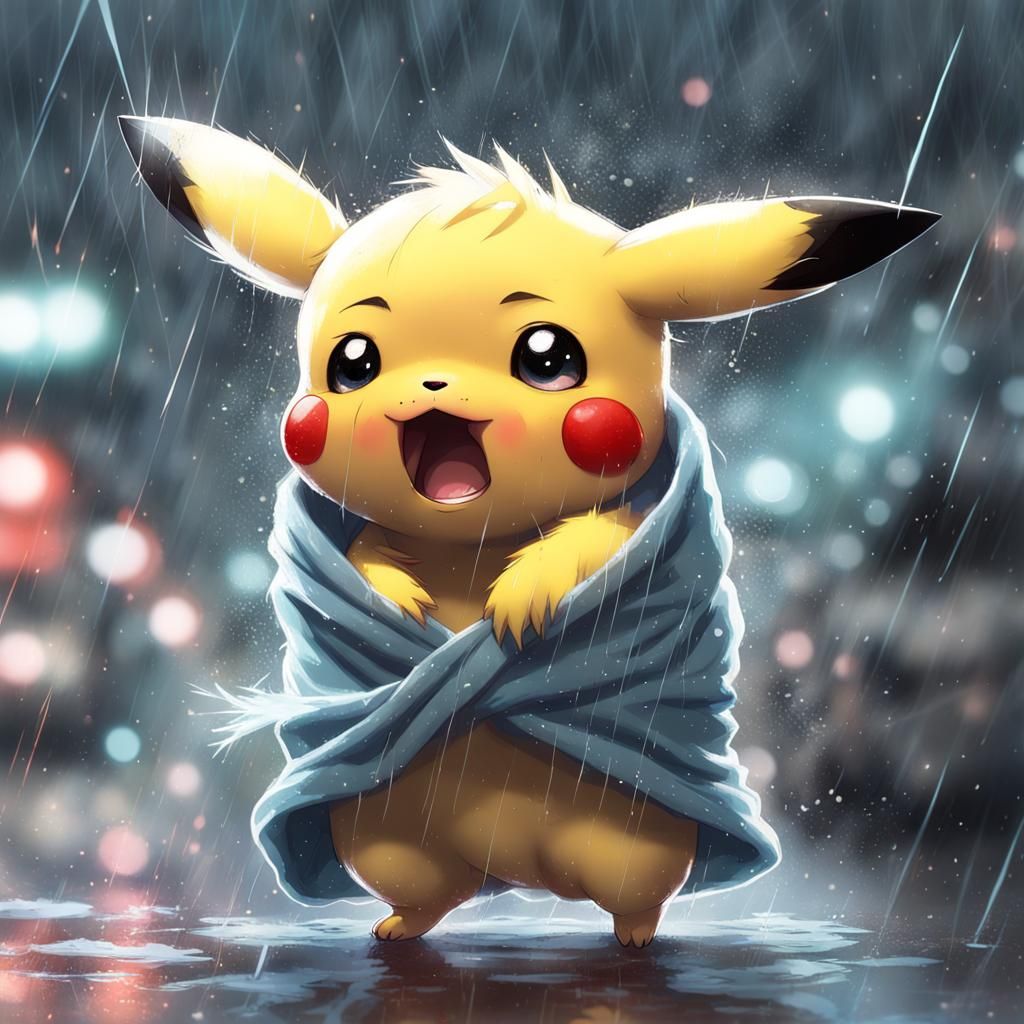 Chibi Pikachu Sneezing in Rain: Detailed Digital Art
