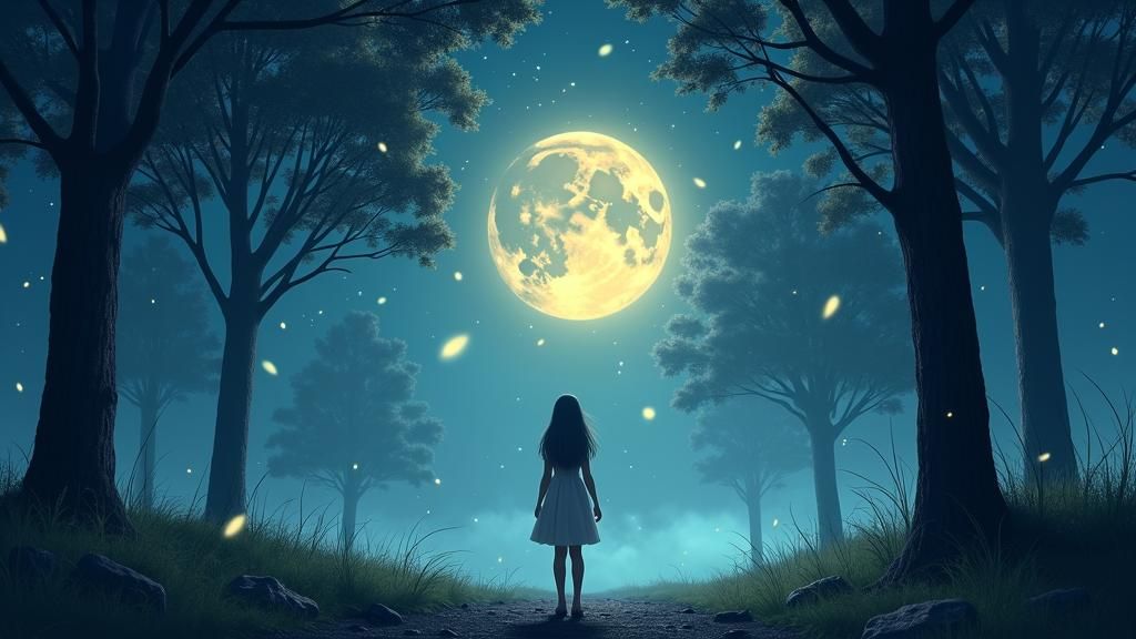 Girl in Misty Forest Under Starry Sky
