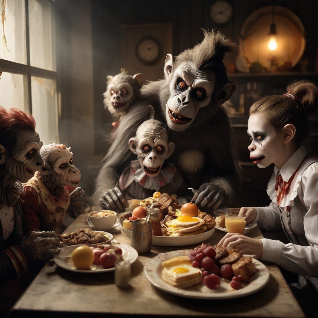 Whimsical Zombie Family Breakfast Scene in a Creepy Diner