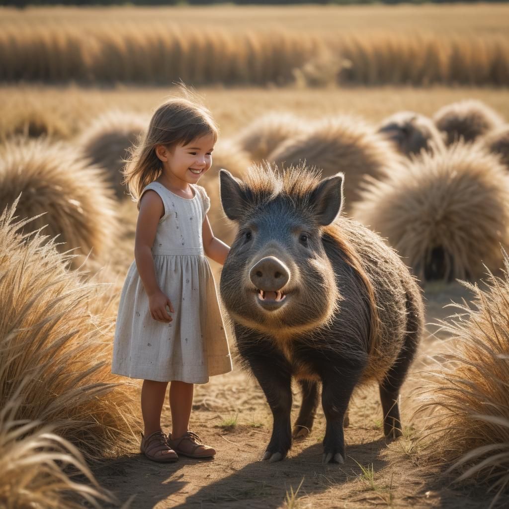 Girl Petting Peccary in Pampas, Realistic Photography