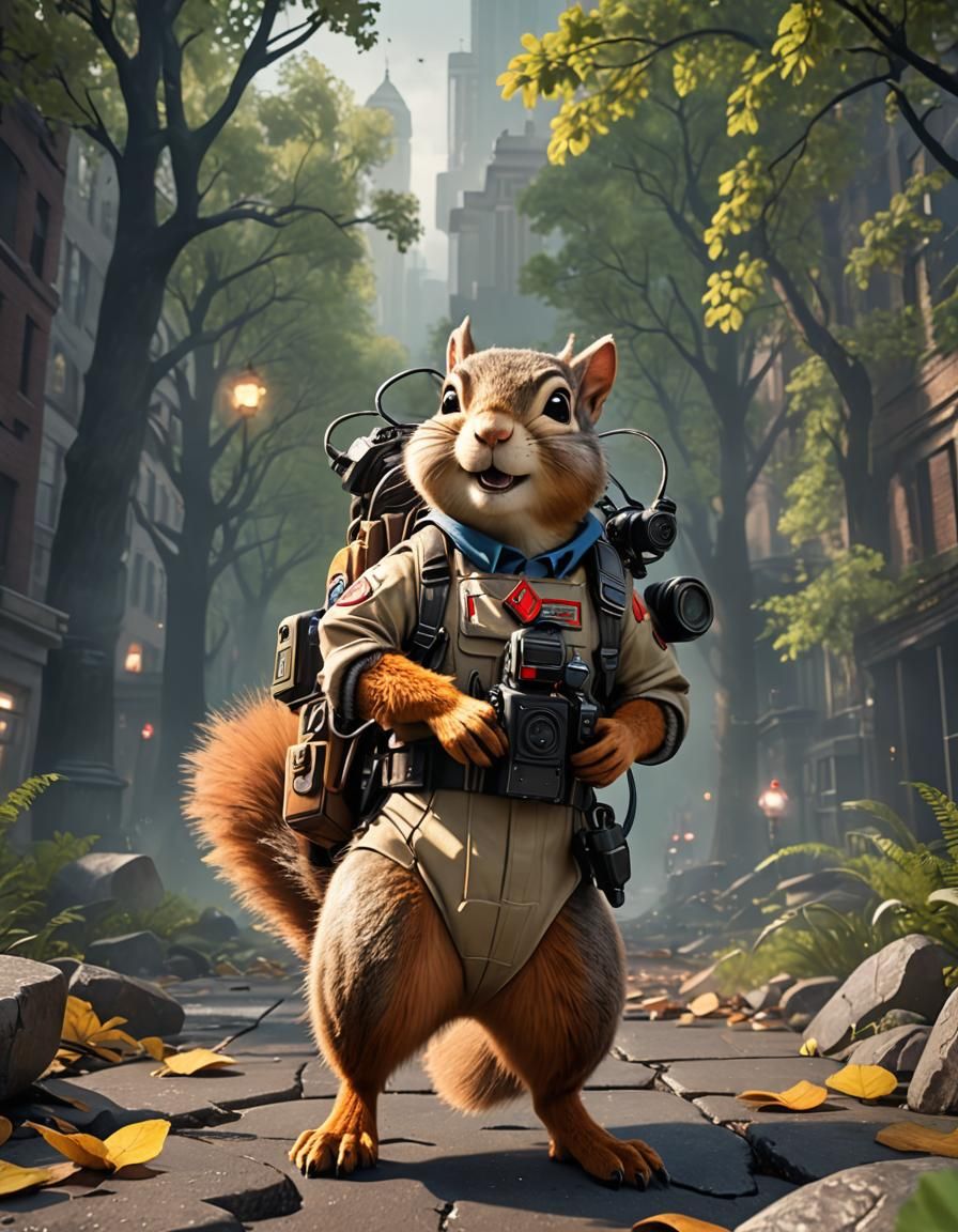 Squirrel Ghostbuster in 3D Game Cinematic Style