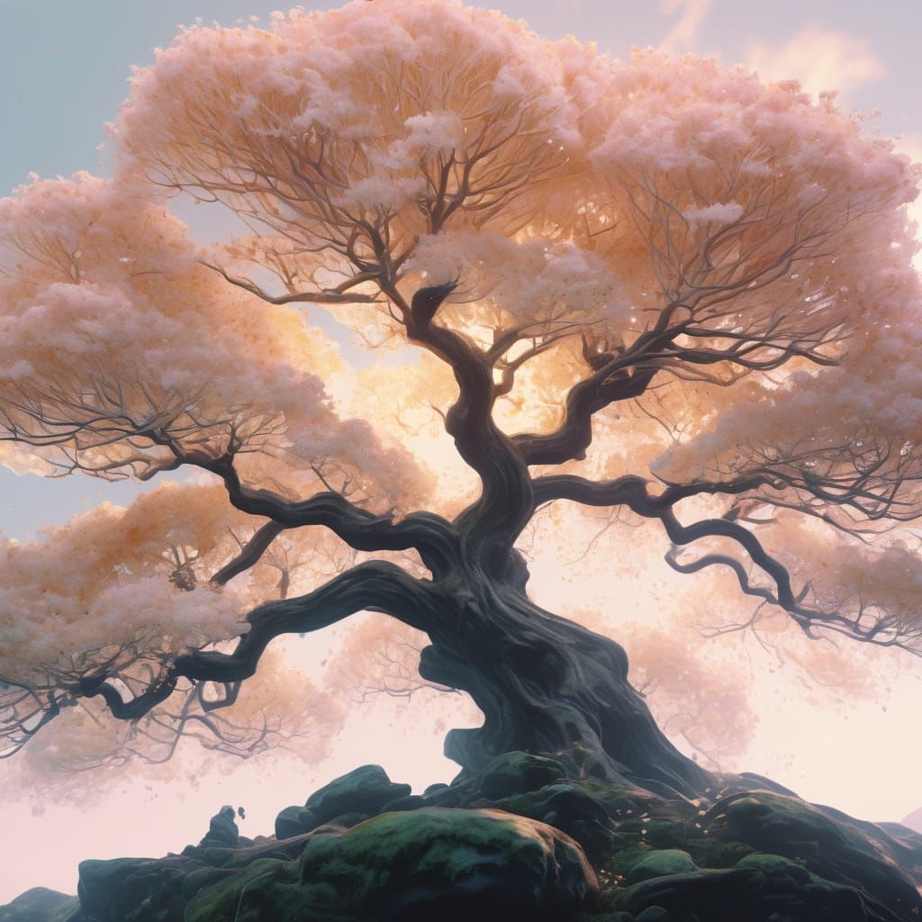 A luminous, dreamlike forest bathed in soft golden-pink ligh...