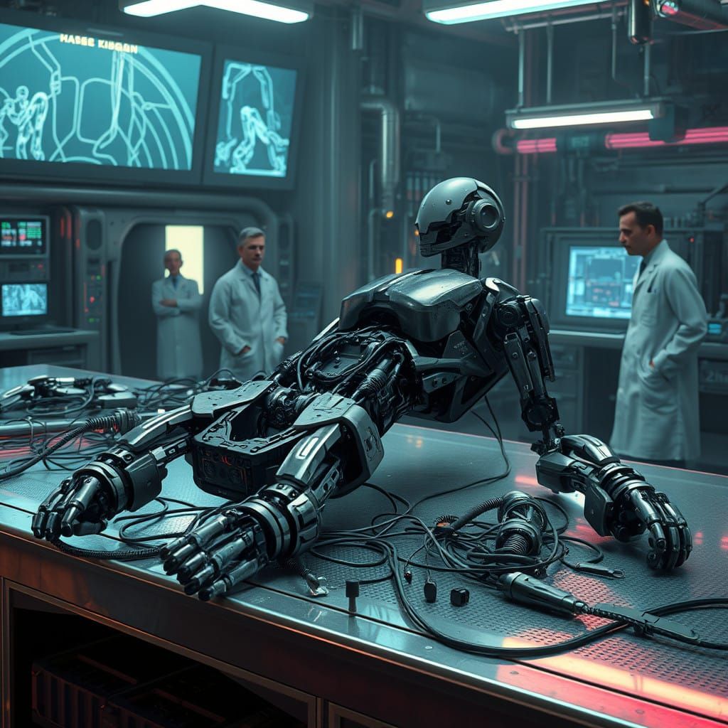 Cyberpunk Android Robot in Futuristic AI Laboratory