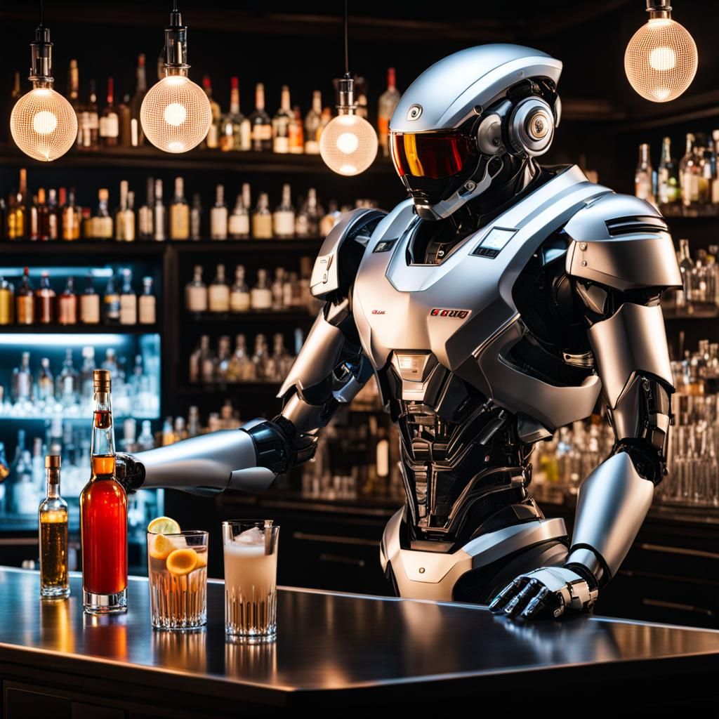Futuristic Cyborg Bartender in Digital Art Style