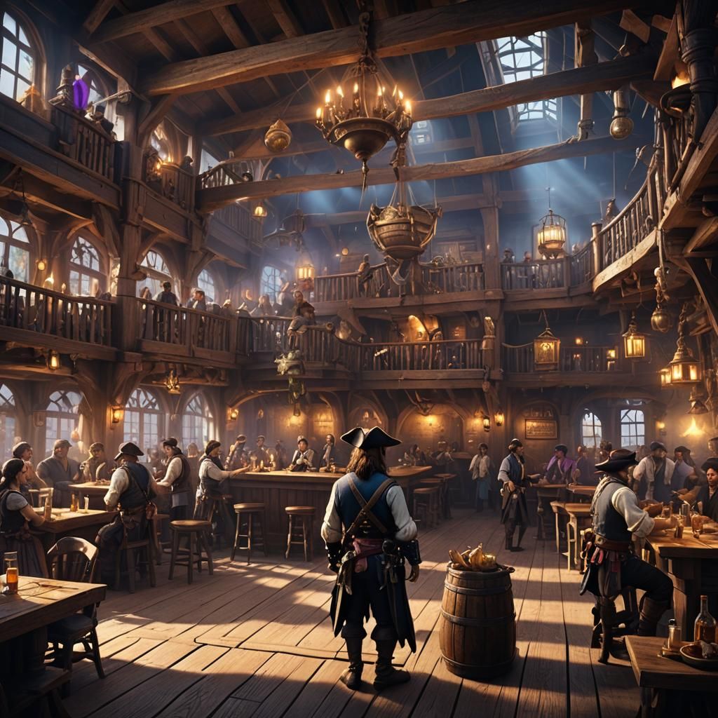 Bustling Pirate Tavern in Detailed Matte Painting Style