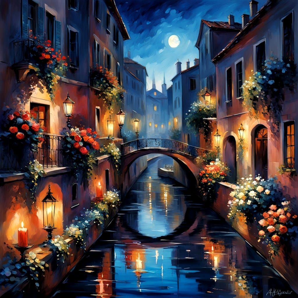Midnight Roses Along the Canal
