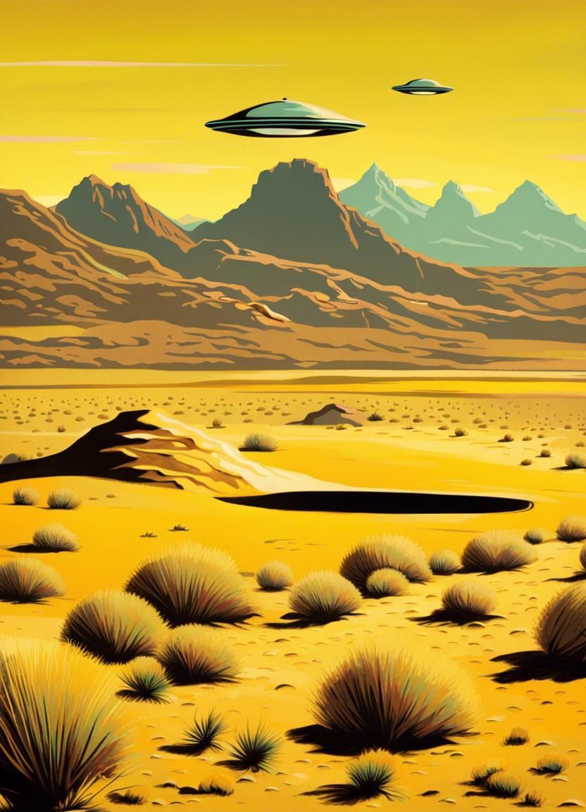 New Mexico Desert Landscape with Flying Saucers