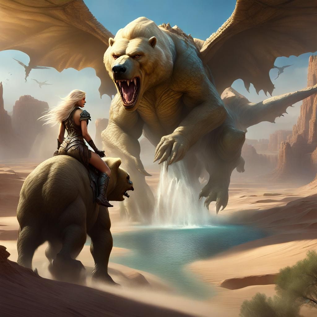 Fantasy Princess Rides a Bear-like Creature