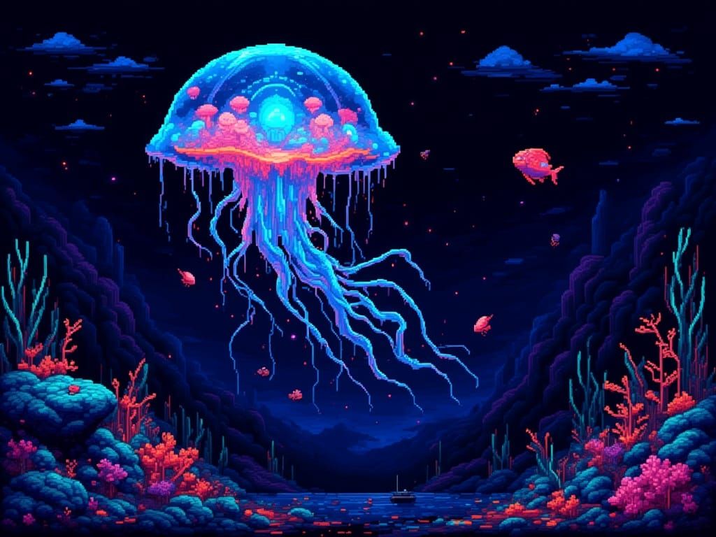 Bioluminescent Jellyfish in Pixel Art Style