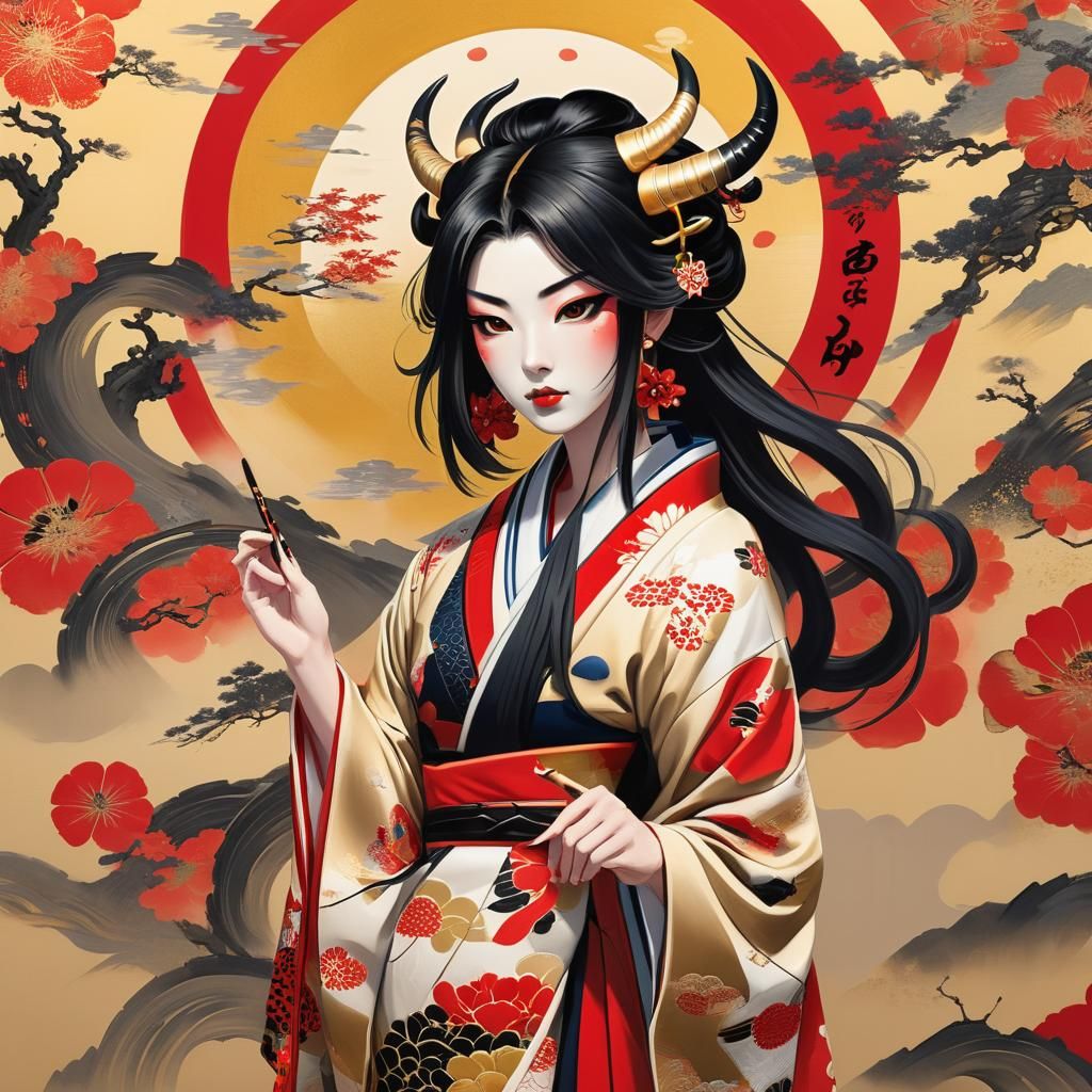 Woman with Oni Horns in Kimono as Ukiyo-e Painting