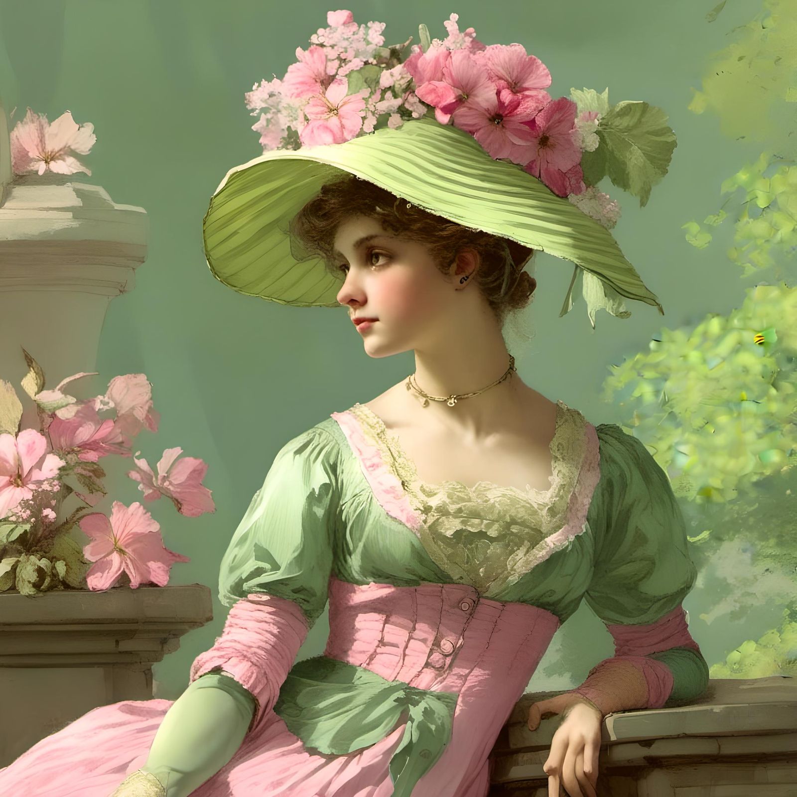 Regency Woman Picking Flowers: Hyperdetailed Portrait