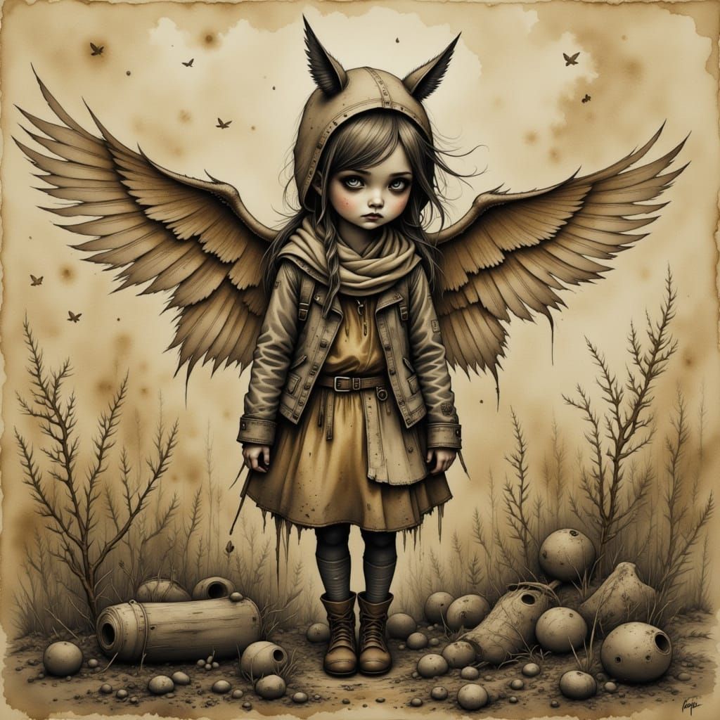 Whimsical Child Contemplates Ruin in a Desolate Landscape