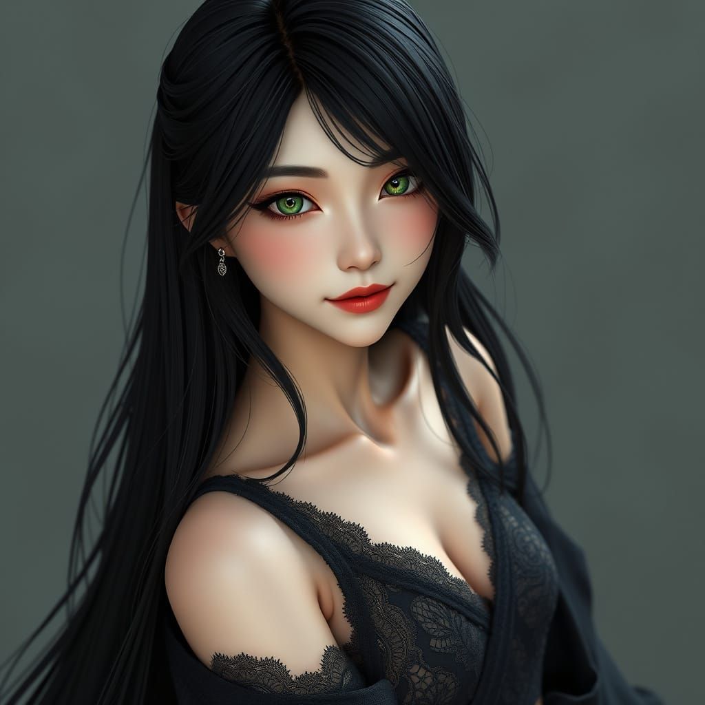 Ethereal Asian Goddess in Luminous Black Gown