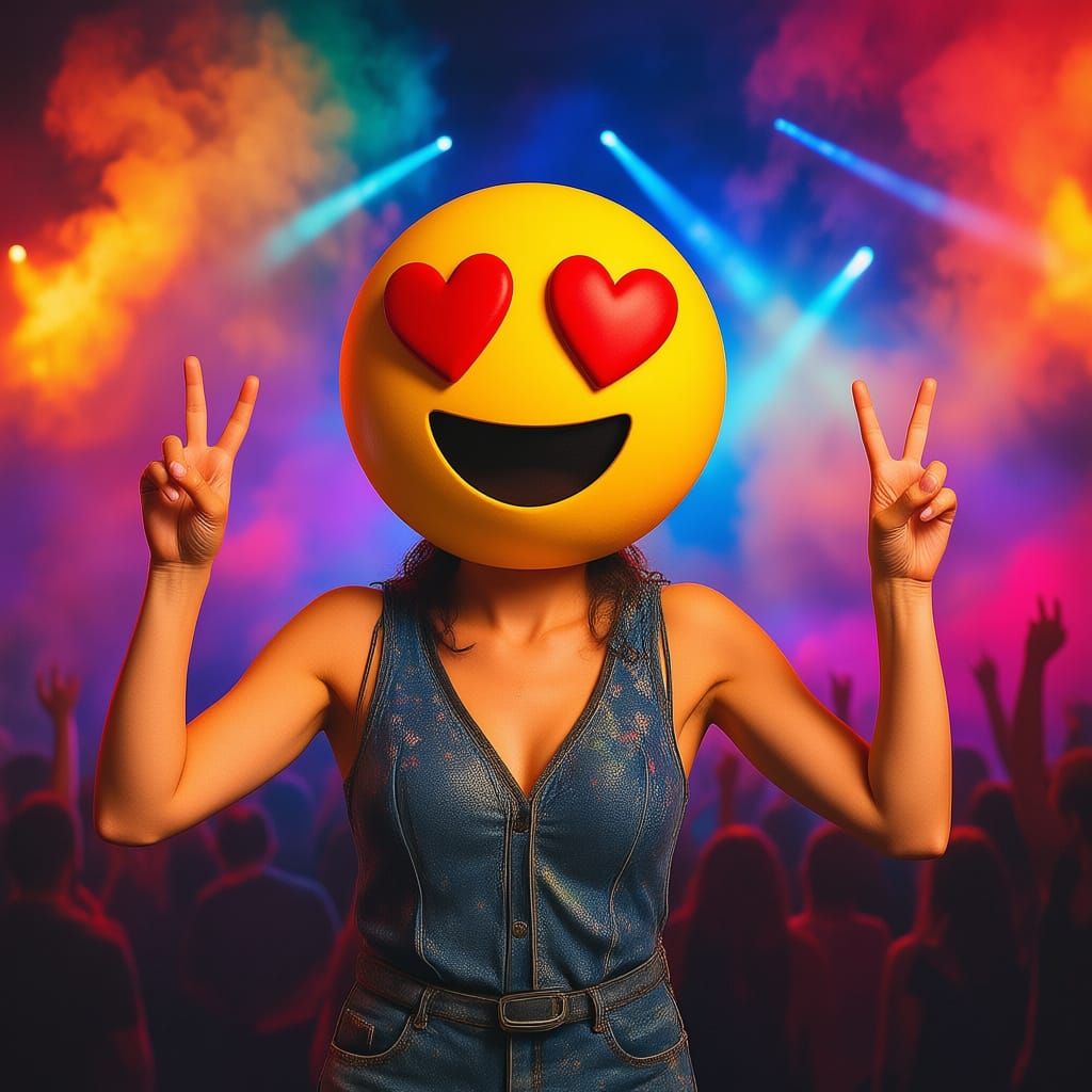 Woman with Heart-Eyes Emoji Head at Vibrant Concert