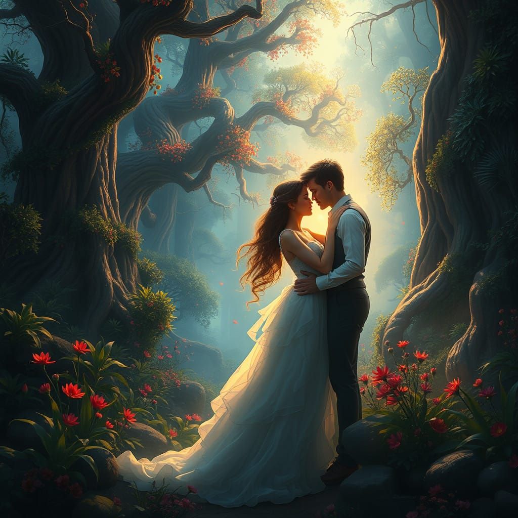 Dreamlike Couple in Enchanted Forest, Radiating Golden Love