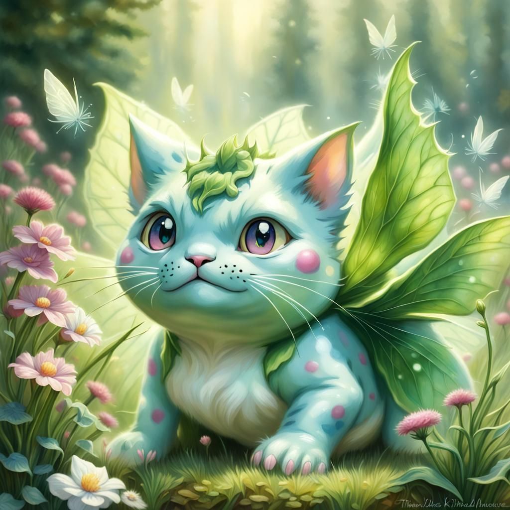 Fairy-Type Cat Bulbasaur in Ethereal Fantasy Style