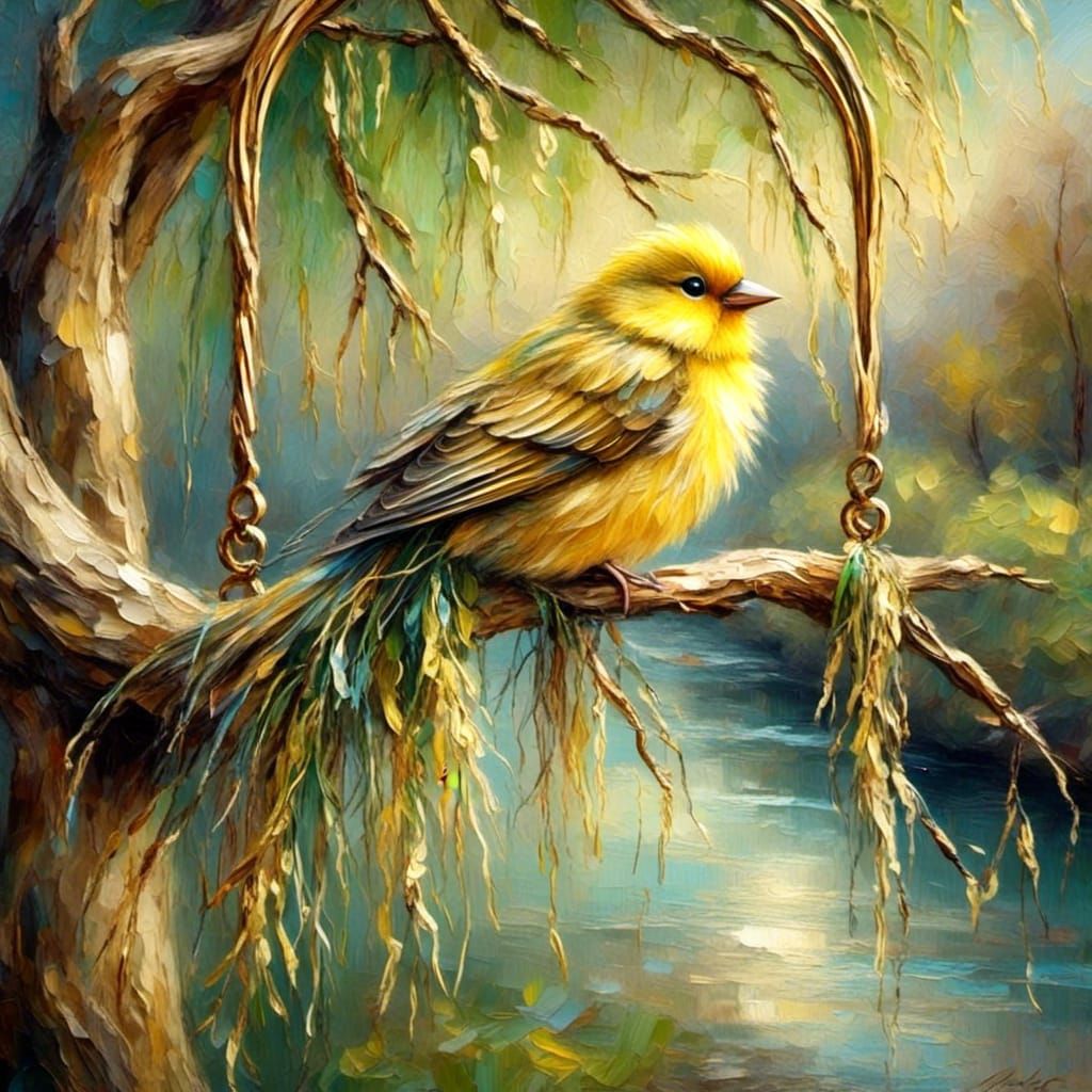 Canary on Golden Swing in Boho Style