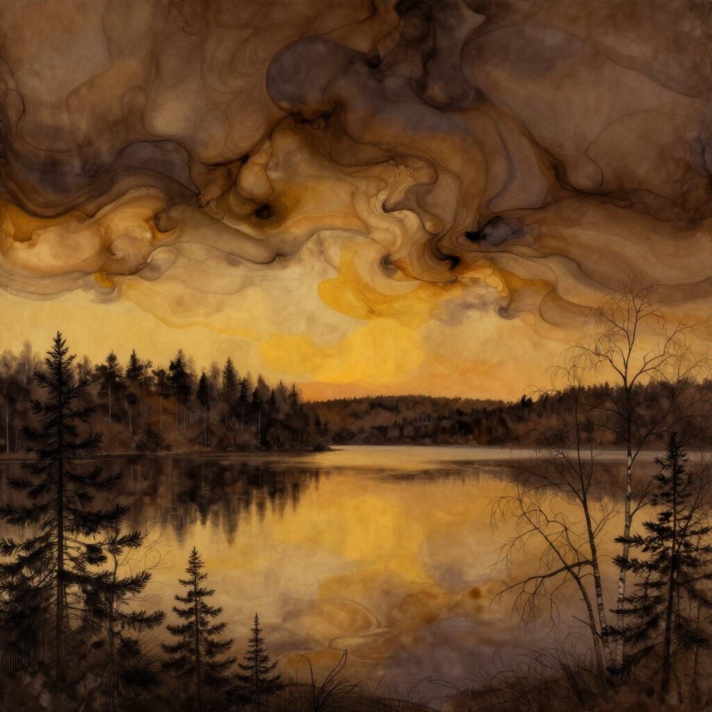 Ethereal Twilight Lake Painting with Alcohol Ink Sky