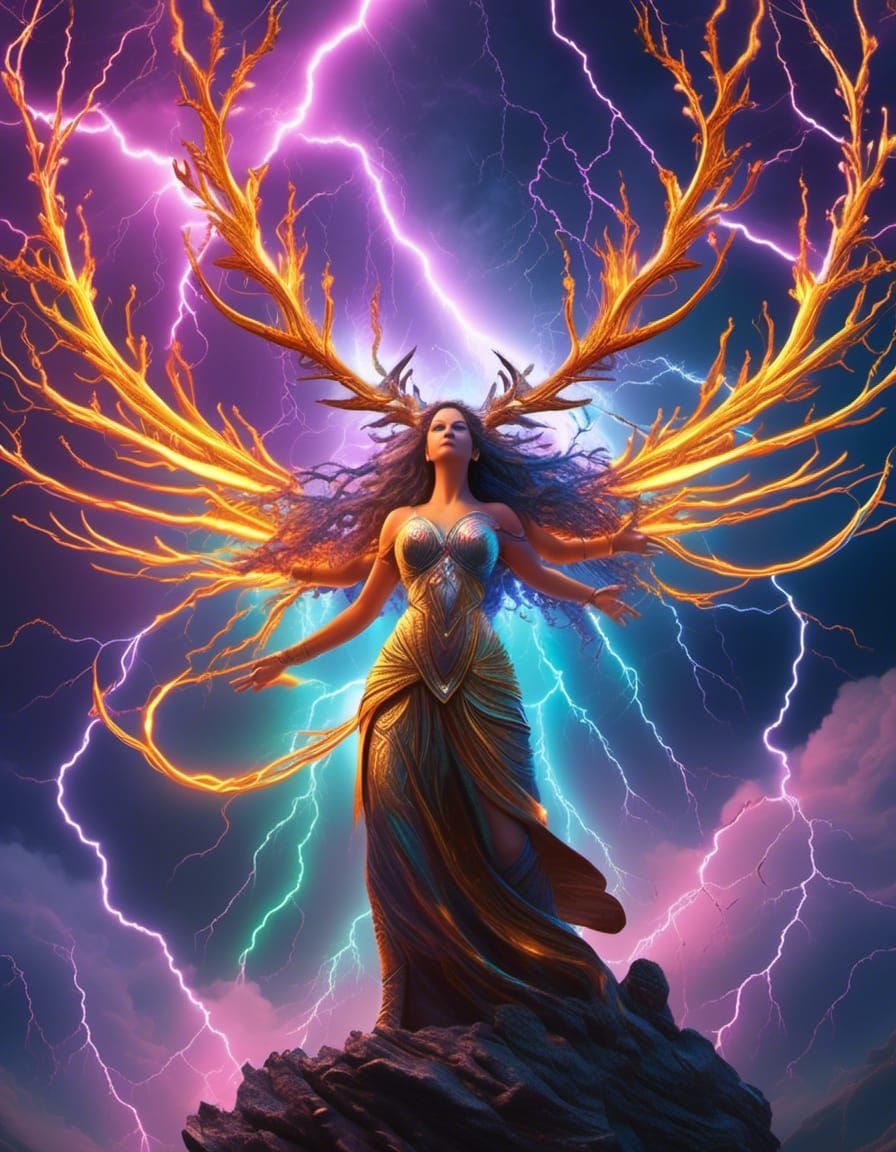 Fierce Storm Goddess with Lightning Antlers