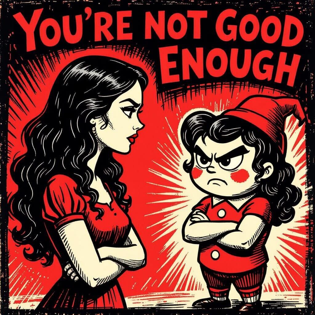 Woman Confronting Inner Critic in Linocut Style