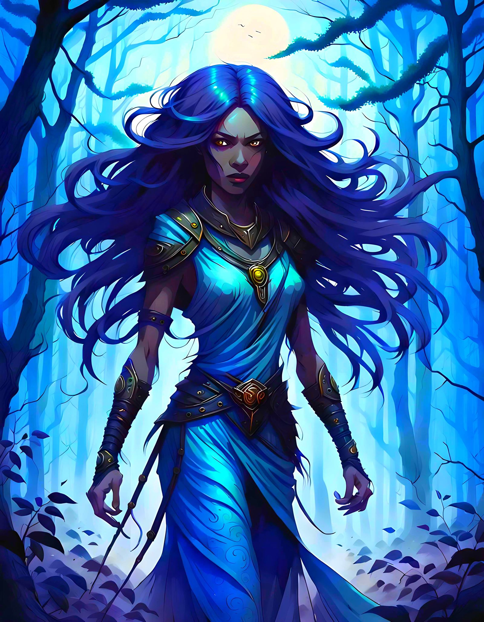 Afro-Asian Woman in Misty Forest, Dark Fantasy Art