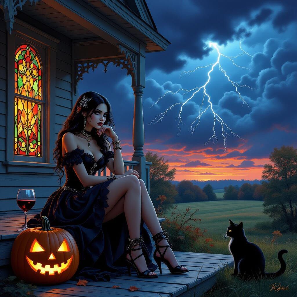 Gothic Girl on Stained Glass Porch at Halloween Dusk