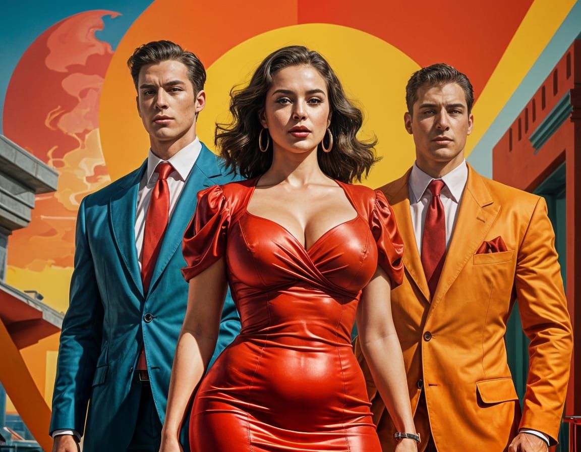 Sultry Red Dress Seductress Flanked by Muscular Men