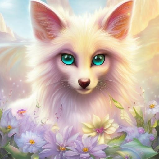 Adorable White Fox in Mystical Flower Garden