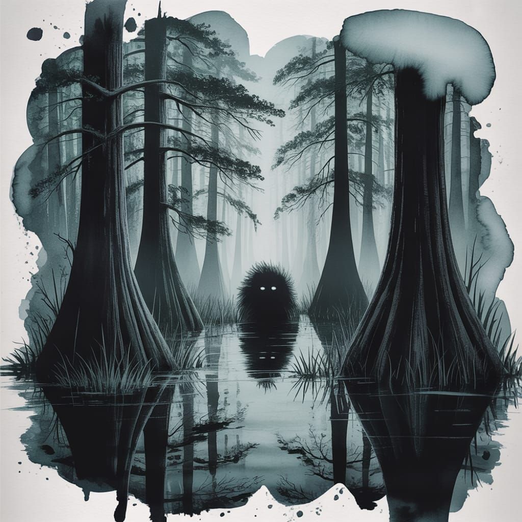 Eerie Greyscale Swamp: Undefined Figure Lurks