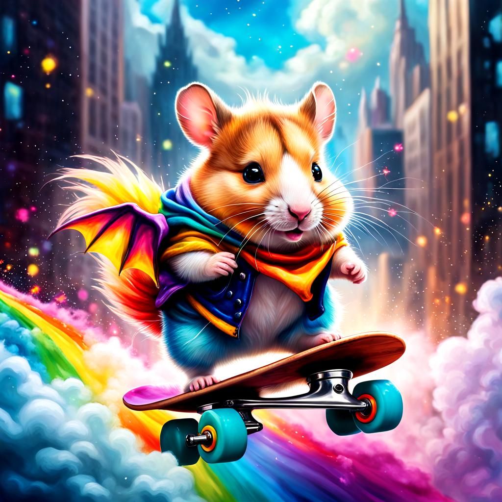Hamster Dragon Unicorn on Skateboard in Cloud City