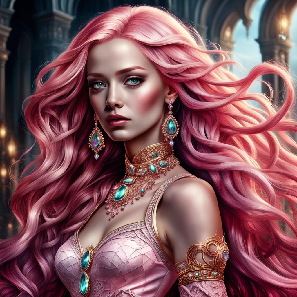 Stunning Woman with Pink Hair: Hyperrealistic Fantasy Art