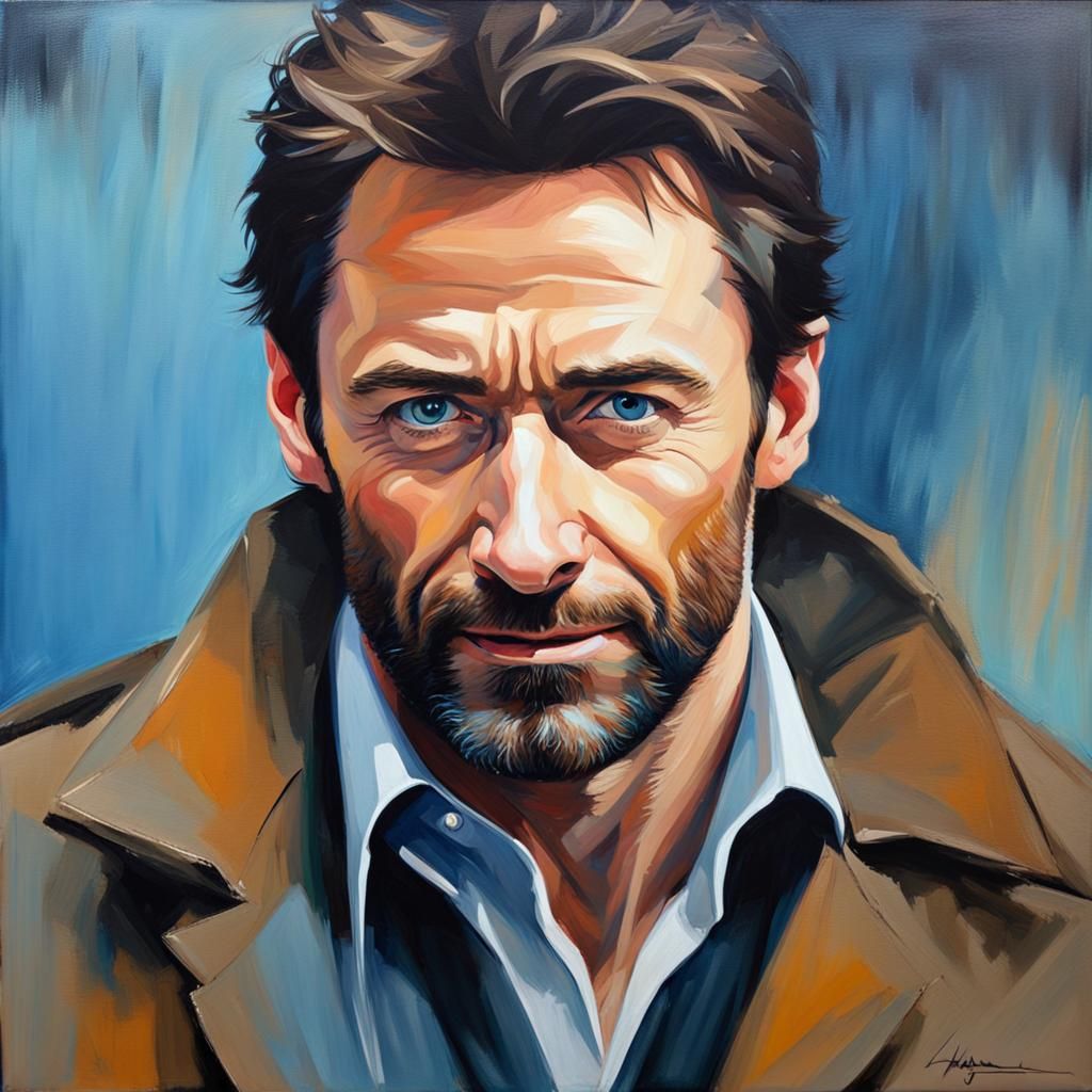 Hugh Jackman Smiling Portrait in Oil Painting Style