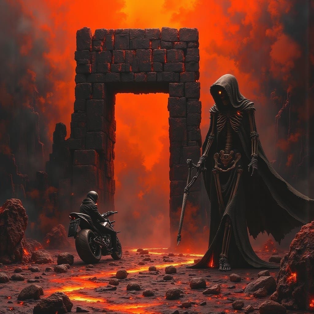 Hell's Gates: Skeletal Guardian & Biker in Dark Fantasy Art