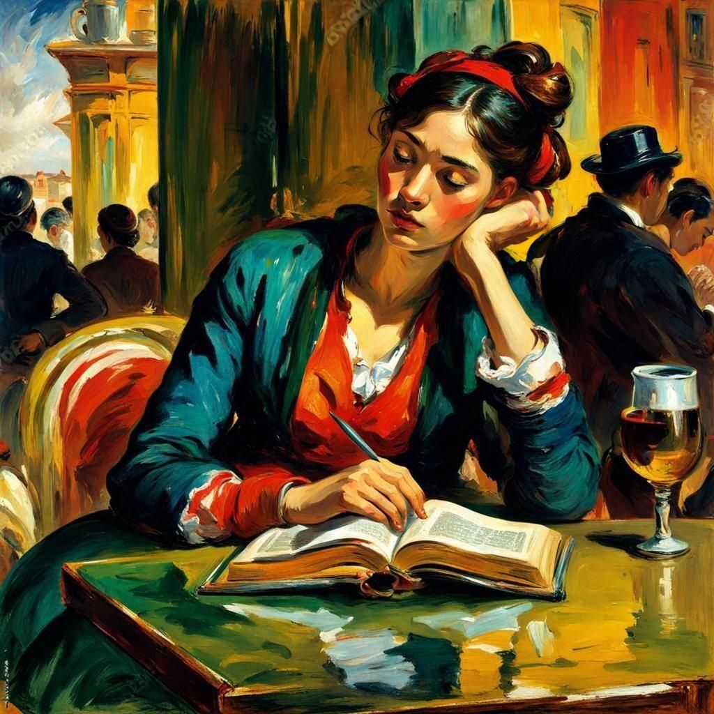 Woman Reading in Cafe: Dramatic Orientalist Painting