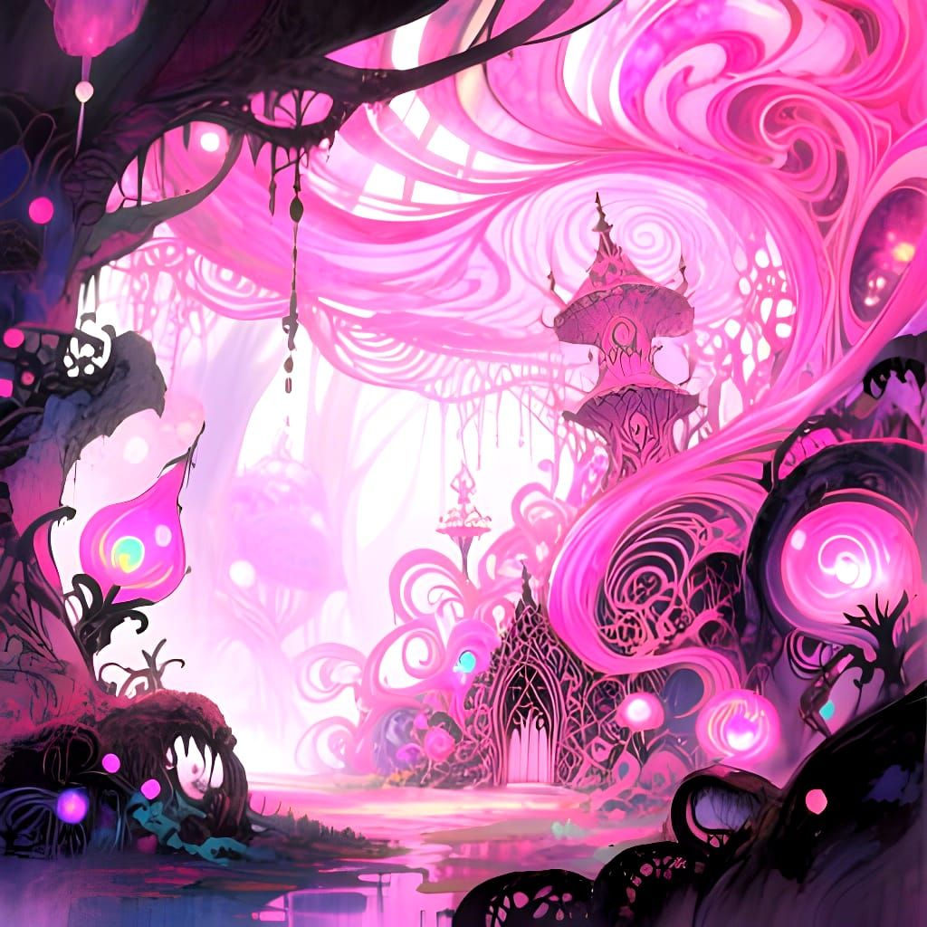Ethereal Pink Fantasy Anime Art with Intricate Details