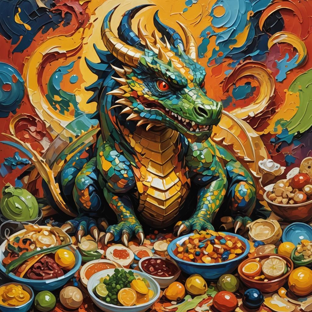 Ninja Dragon Feast in Fauvist Oil Painting