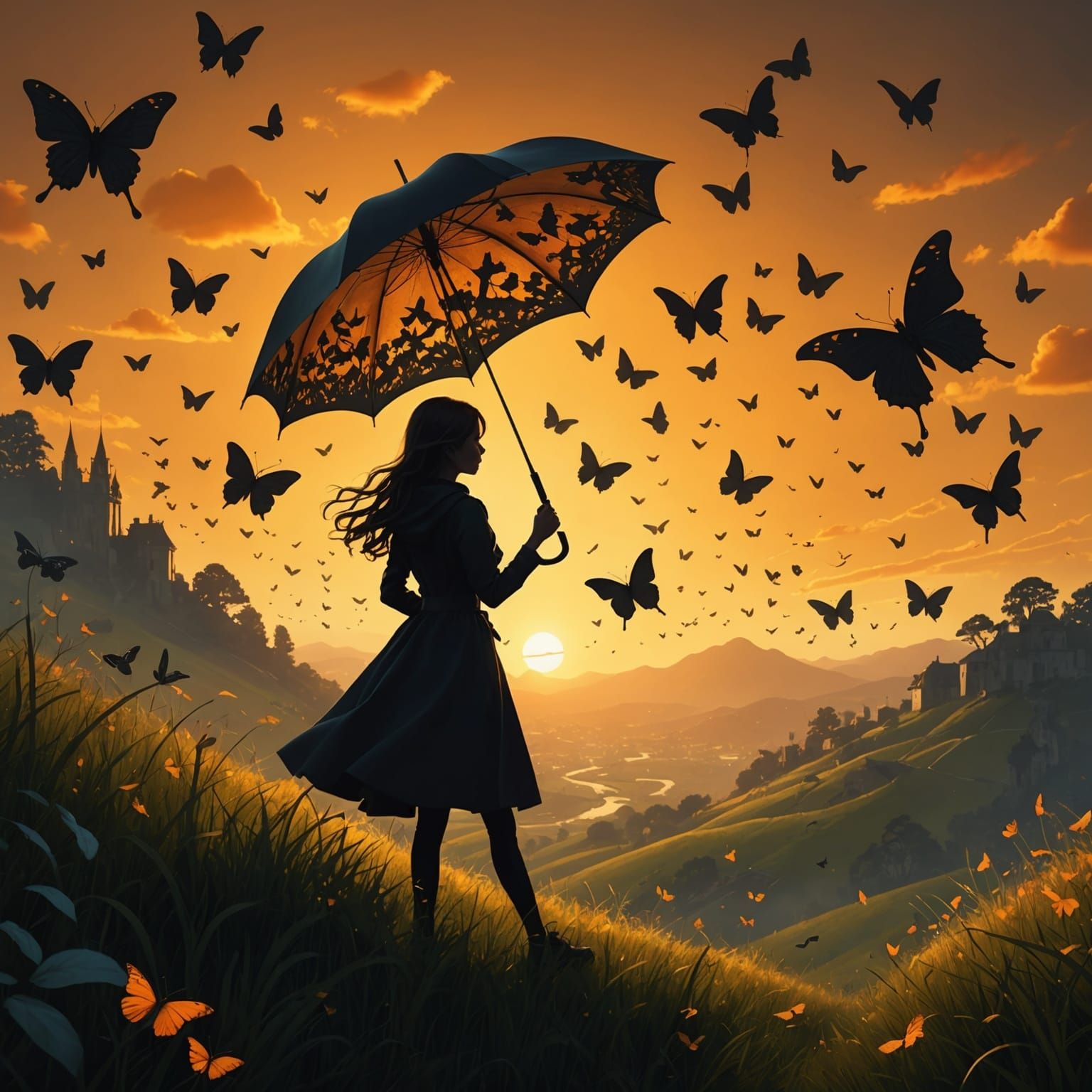 Sunset Silhouette with Butterflies in Matte Painting Style