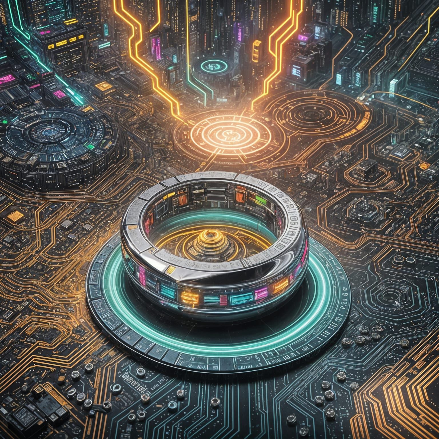 Chrome Ring with Electric Center in Cyberpunk Style