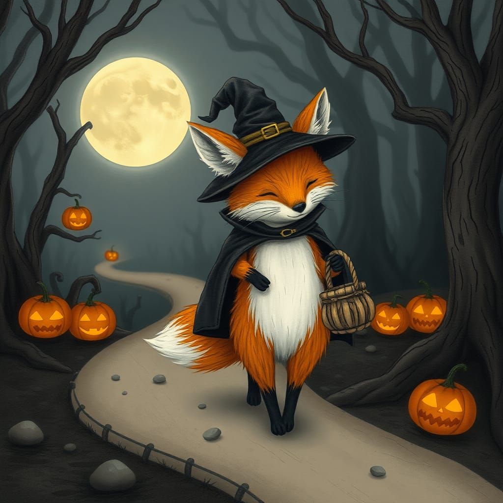 Fox in Halloween Costume in Storybook Illustration