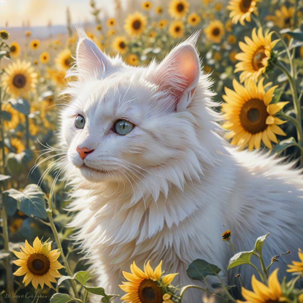 Kitten Snuggles Among Sunflowers: Impressionistic Watercolor