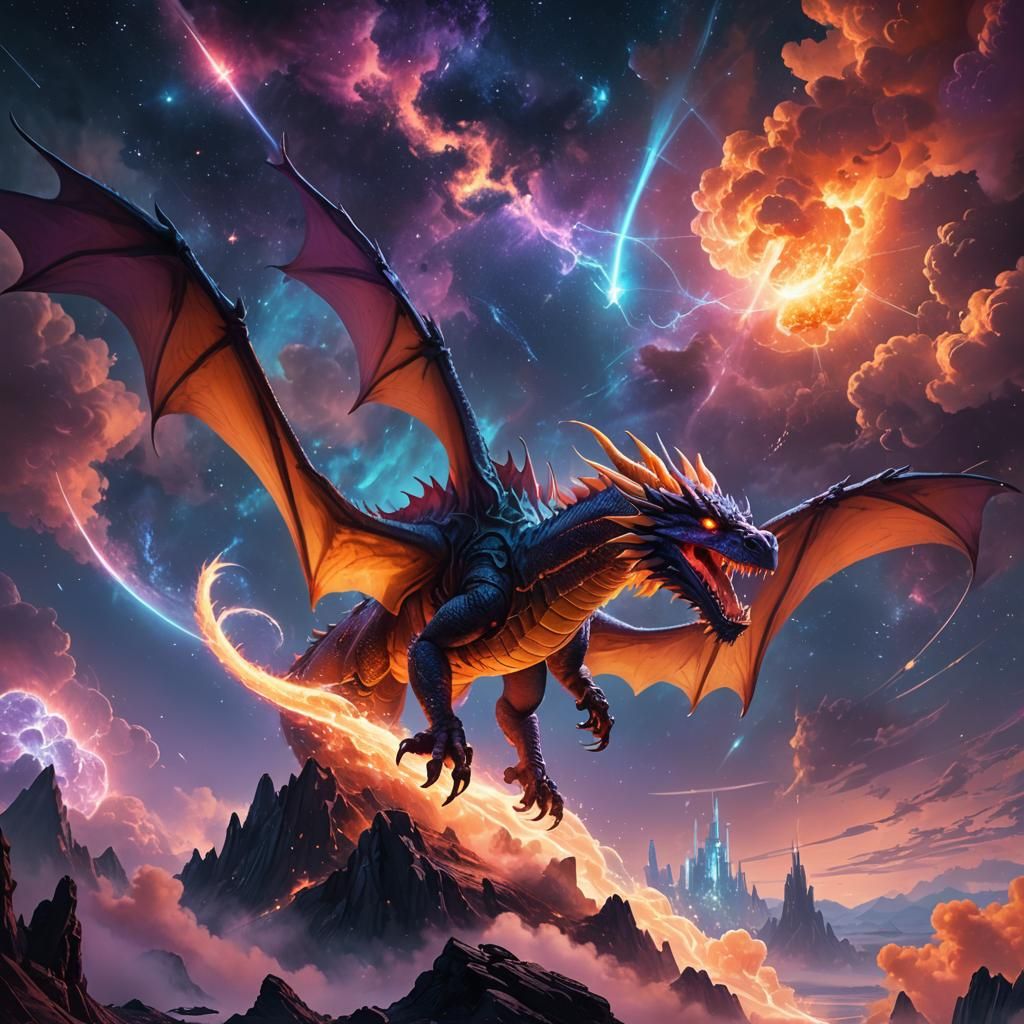 Majestic Dragon Soaring Through Iridescent Nebula