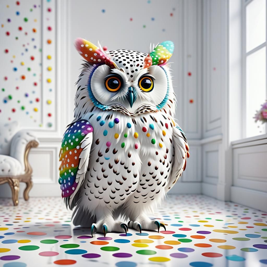 Rainbow Polka Dot Owl in Surreal Digital Art