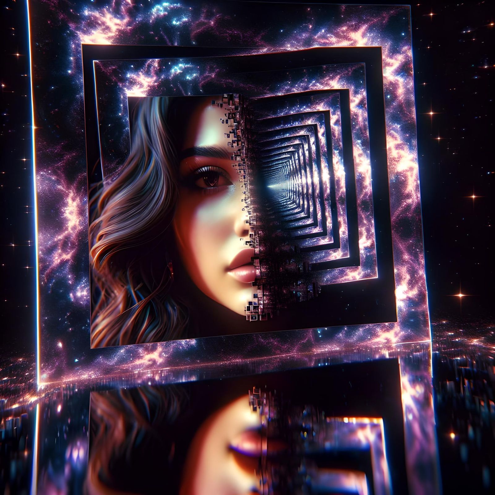 Droste effect, glitch girl, beautiful face, in a square mirror, infinite reflections, deep space, darkness, stars, tilte...