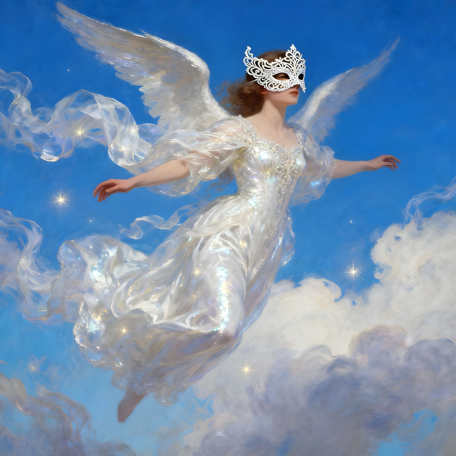 Masquerade Angel in White Dress Against Blue Sky