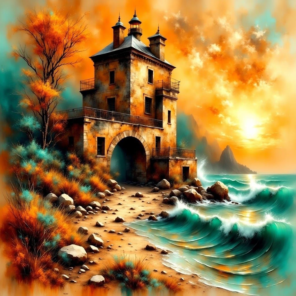 <lora:Impressionist:1.0> Create a wide-angle stunning Color sketch and captivating thumbnail card of an abandoned lighth...